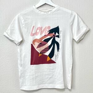 H&M x Love Stories Womens White T-Shirt 100% Cotton Abstract Indie Size Small